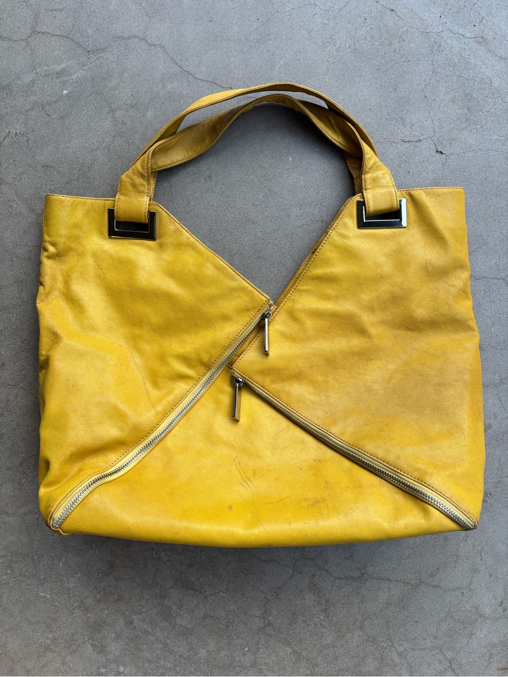 Kooba Ryder Yellow Soft Leather Shoulder Tote Bag Asymmetrical Zippers